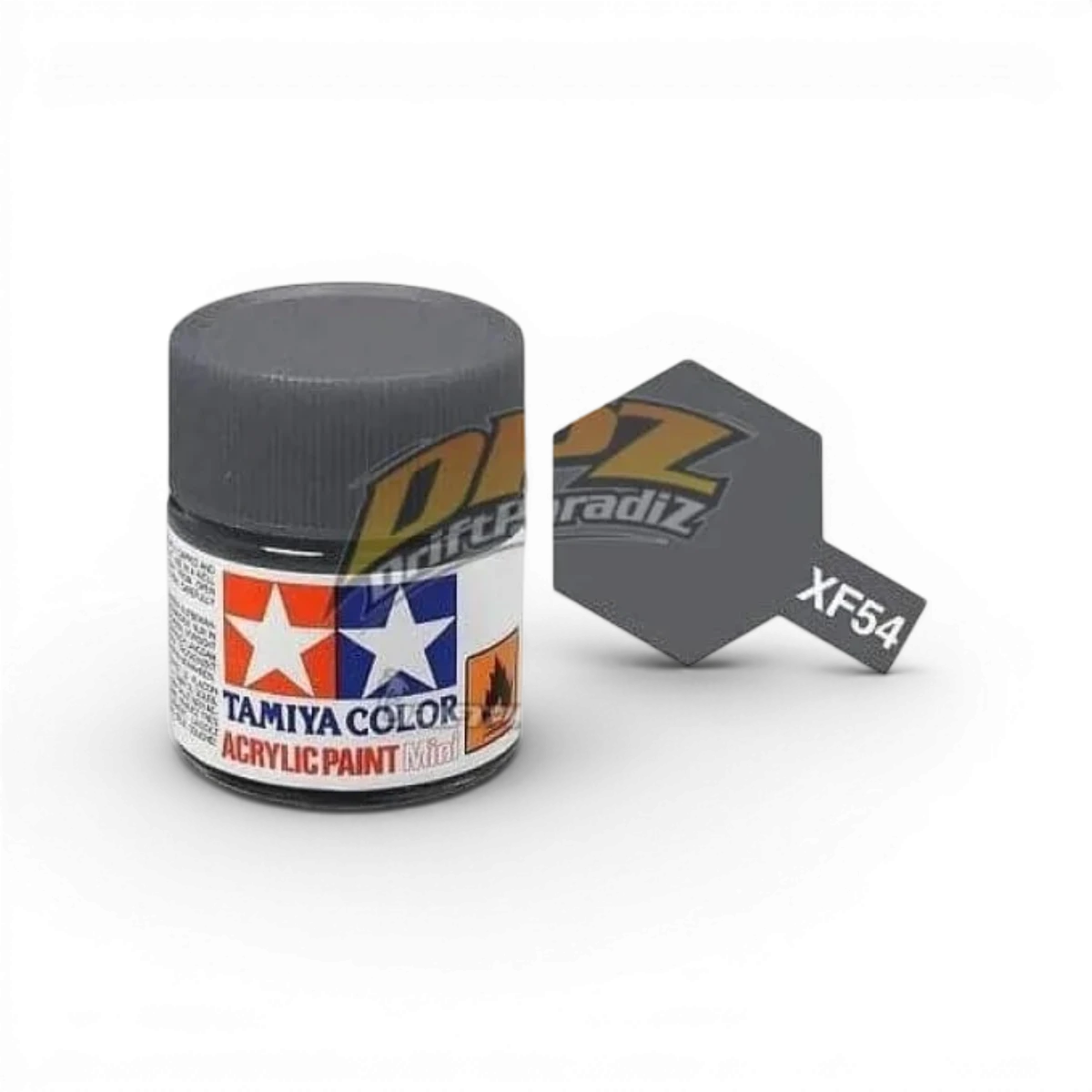Peinture Tamiya Gris Mer Foncé Mat XF54, peinture en pot pour modèles réduits, vue du flacon avec étiquette.