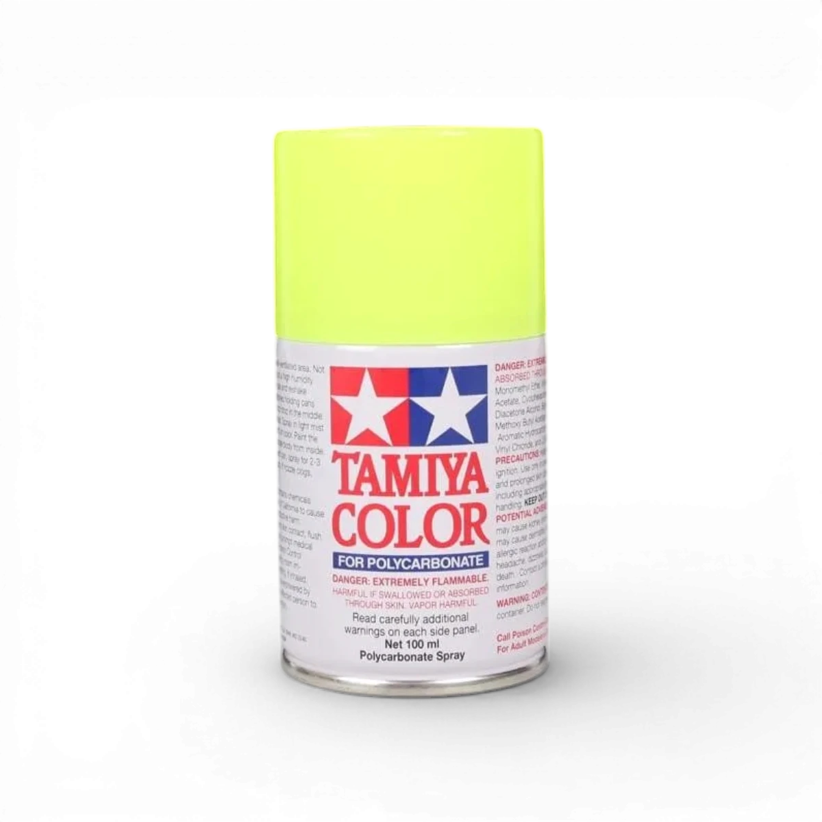Peinture en spray Tamiya PS27 jaune fluo pour lexan, finition brillante, contenue dans un flacon pratique, idéale pour customiser véhicules.