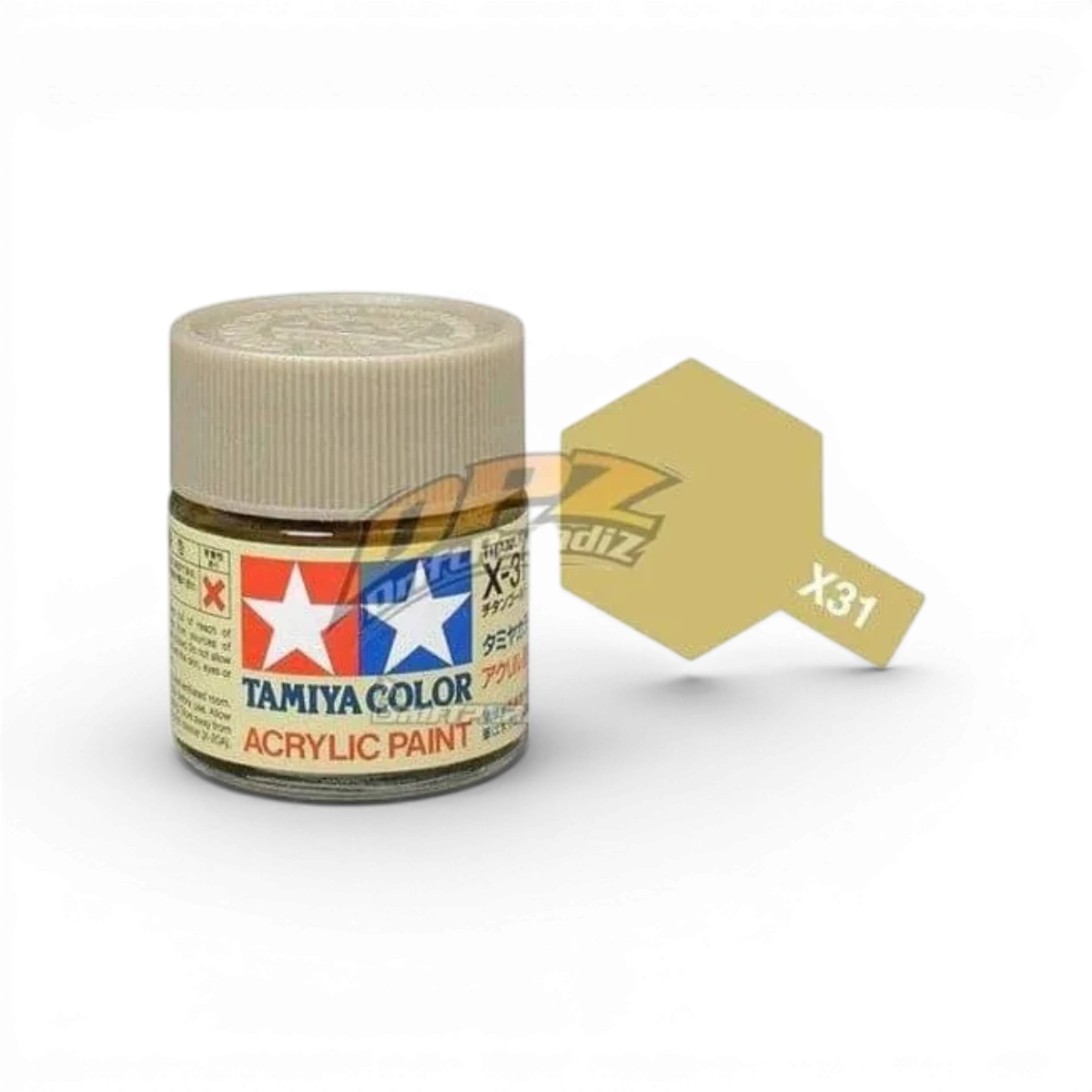 Peinture Or Titanium Brillant X31 de Tamiya, pot de peinture pour modélisme avec finition brillante et couleur or.