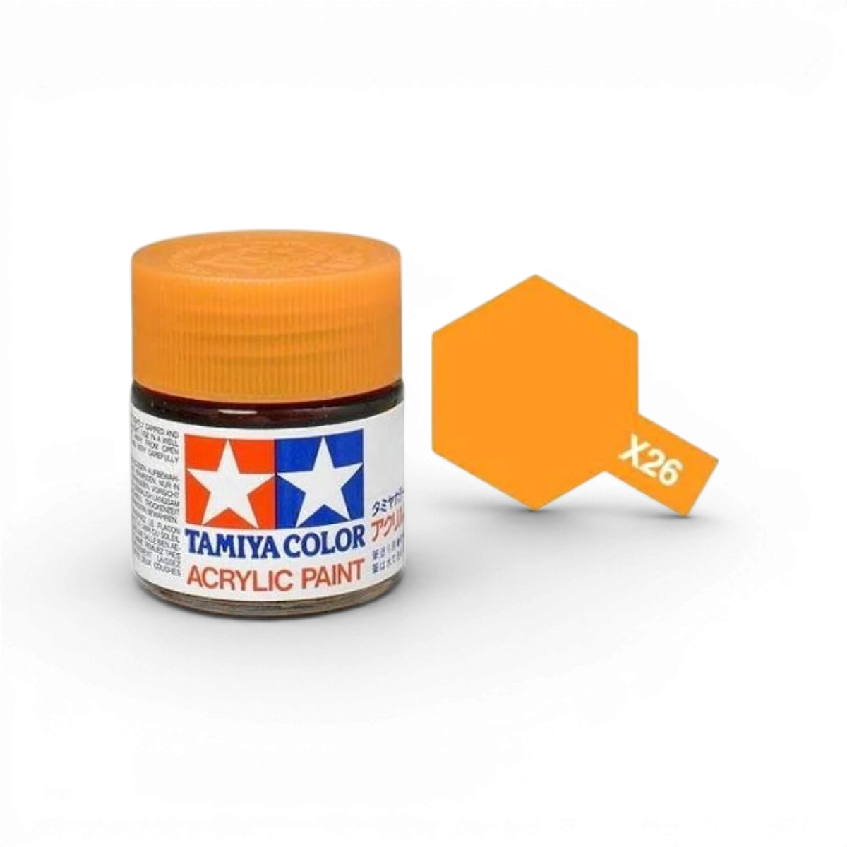 Peinture Tamiya Orange Translucide X26 pour modélisme, flacon avec peinture orange translucide, détails visibles.