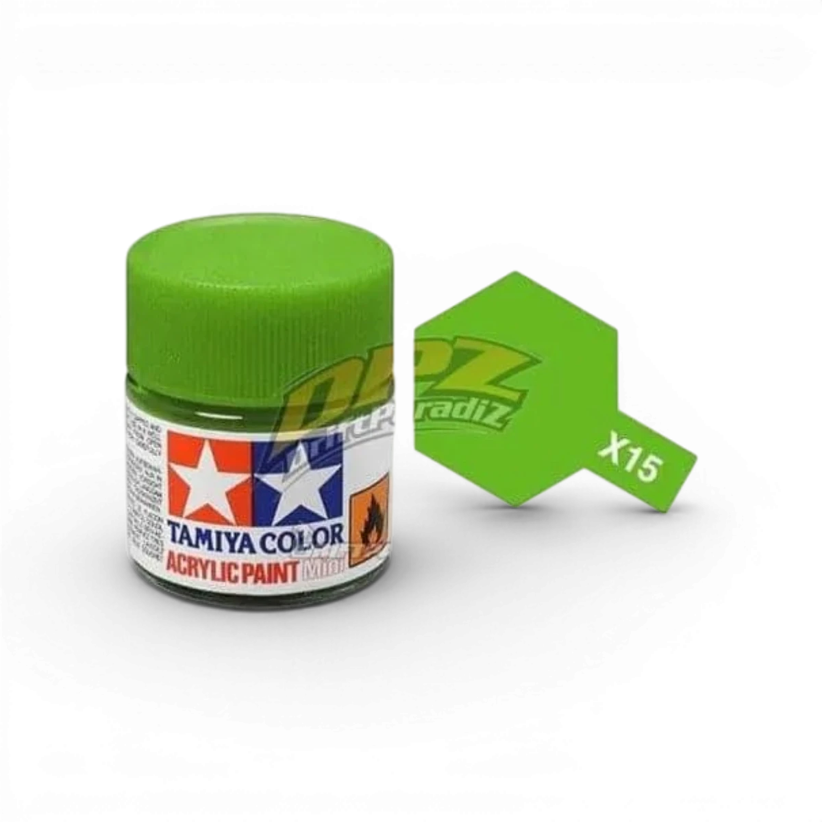 Peinture vert clair brillant Tamiya, flacon de peinture pour modélisme, vue de face avec étiquette.