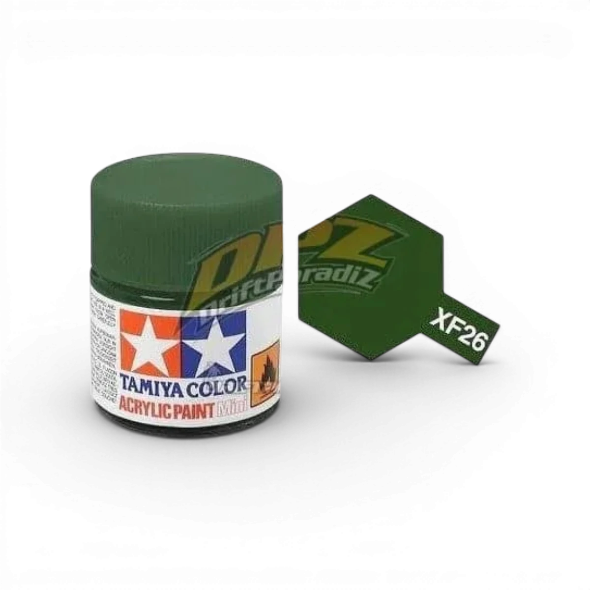 Peinture vert foncé mat Tamiya XF26 pour modèles et maquettes, pot de peinture avec étiquette visible.