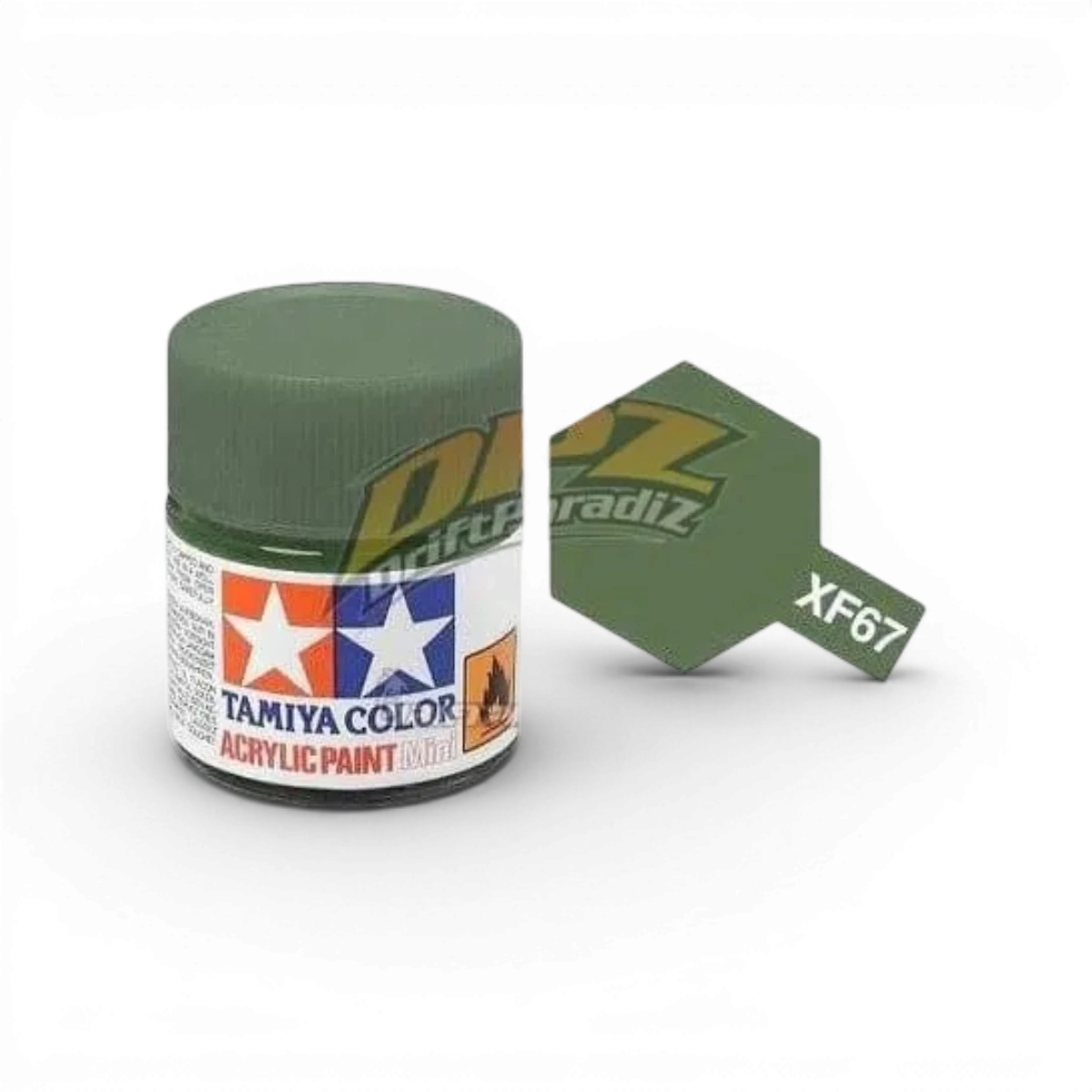 Matná zelená barva NATO XF67 od Tamiya, trubička barvy pro modelářství, detailní pohled na obal.