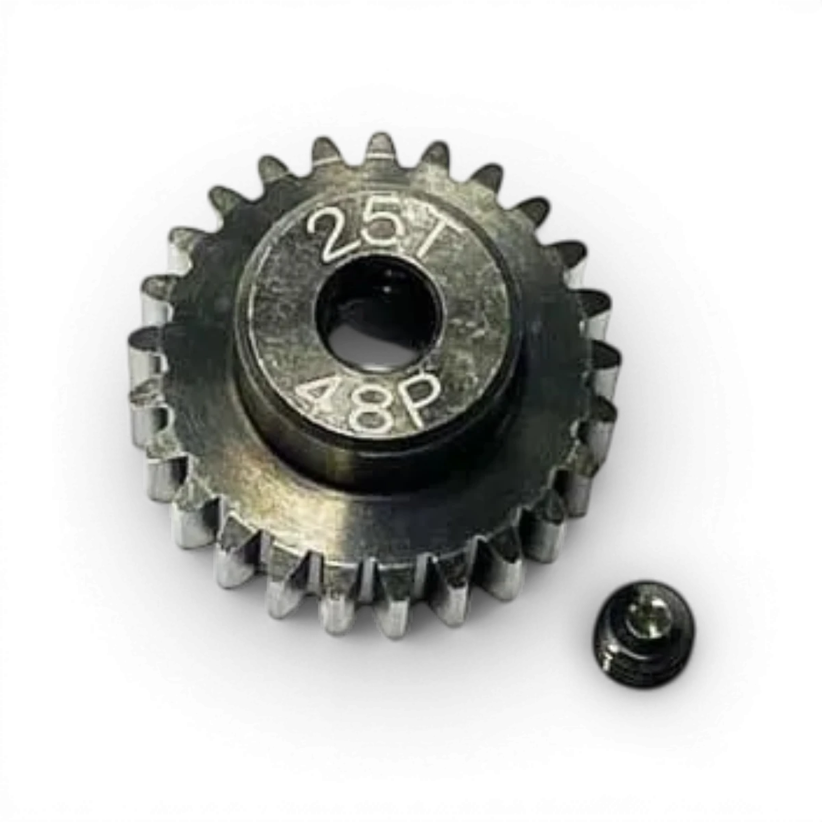 Pignon moteur en acier trempé de 25 dents 48dp, pièce détachée Topline pour mécanismes précis et durables.