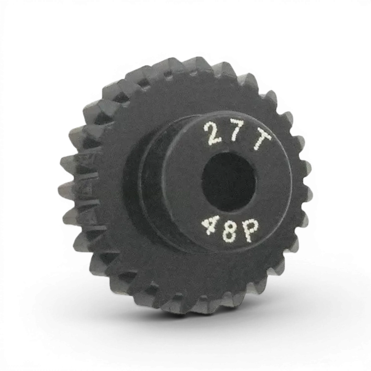Pignon moteur en aluminium traité, 27 dents, 48DP, pour pièces détachées Integra, visible avec dents et finition métallique.