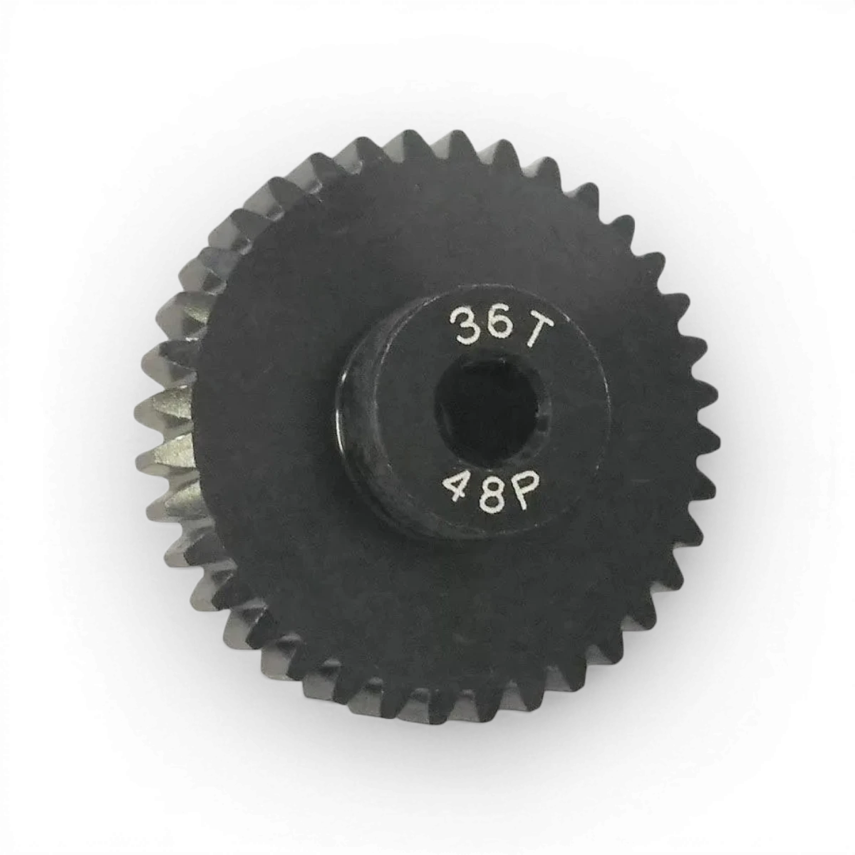 Pignon moteur en aluminium traité, 36 dents, 48dp, pour pièces détachées, marque Integra, visible avec dents et finition métallique.