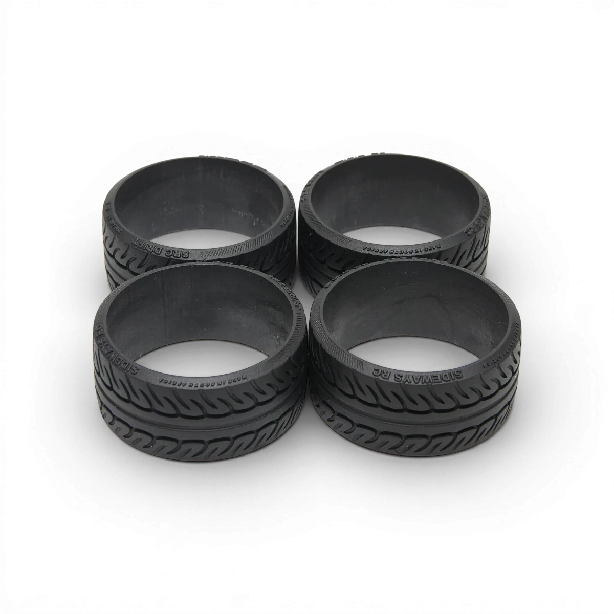 Pneus réalistes pour exposition uniquement, accessoires pour modèles RC, marque Src Sideways RC, détails précis visibles.