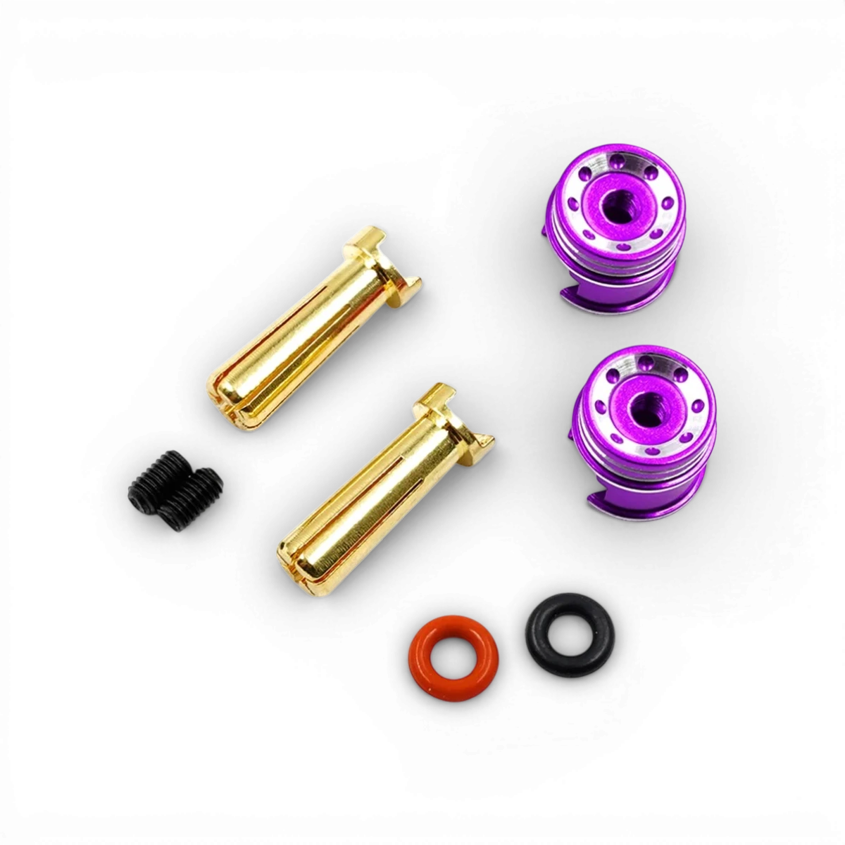 Prises batterie 5mm avec dissipateurs violets pour électronique, par Yeah Racing, visibles avec câbles et composants.
