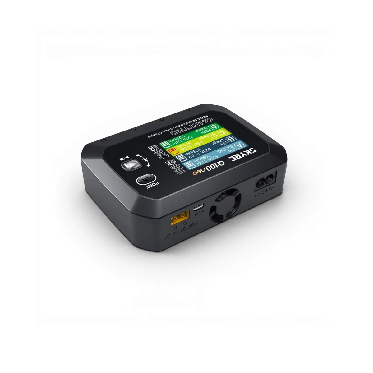 Chargeur LiPo SkyRc Q100 Neo pour batteries 1-4S, 6A, 100W, connecté à une prise électrique, affichage et câbles visibles.