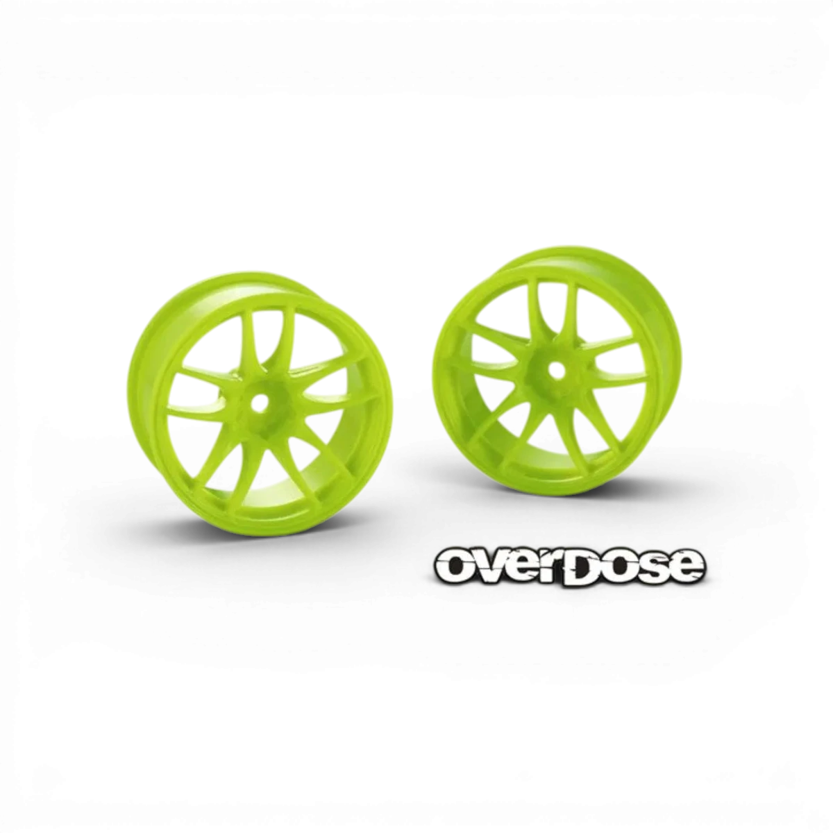 Jantes R-Spec Work Emotion CR Kiwami Off+7 en jaune lime, de marque Overdose, montrant le design et la couleur vibrante.