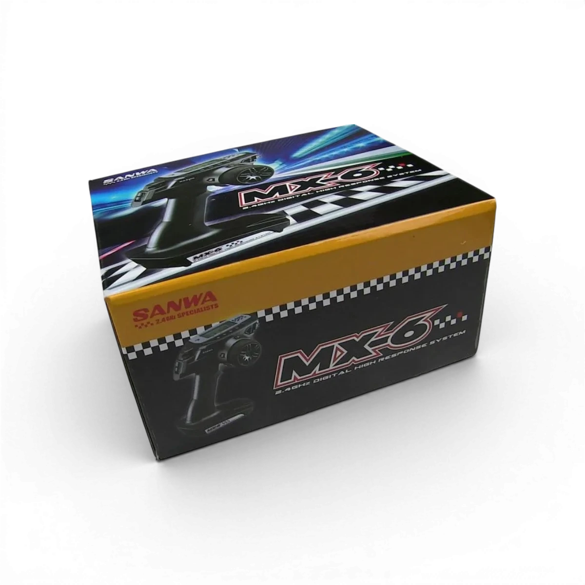 Radio MX6 3 voies Sanwa, télécommande électronique avec boutons et antenne visible, pour modèles de radiocommande.
