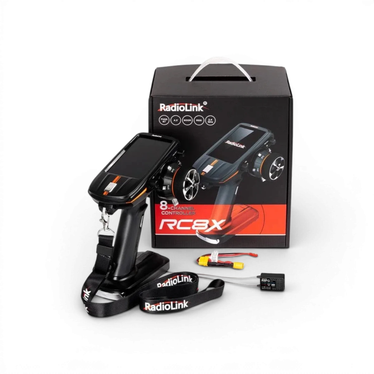 Radio RC8X de RadioLink avec récepteur R8FG, gyro intégré et sac de transport, contrôleur électronique pour modélisme.