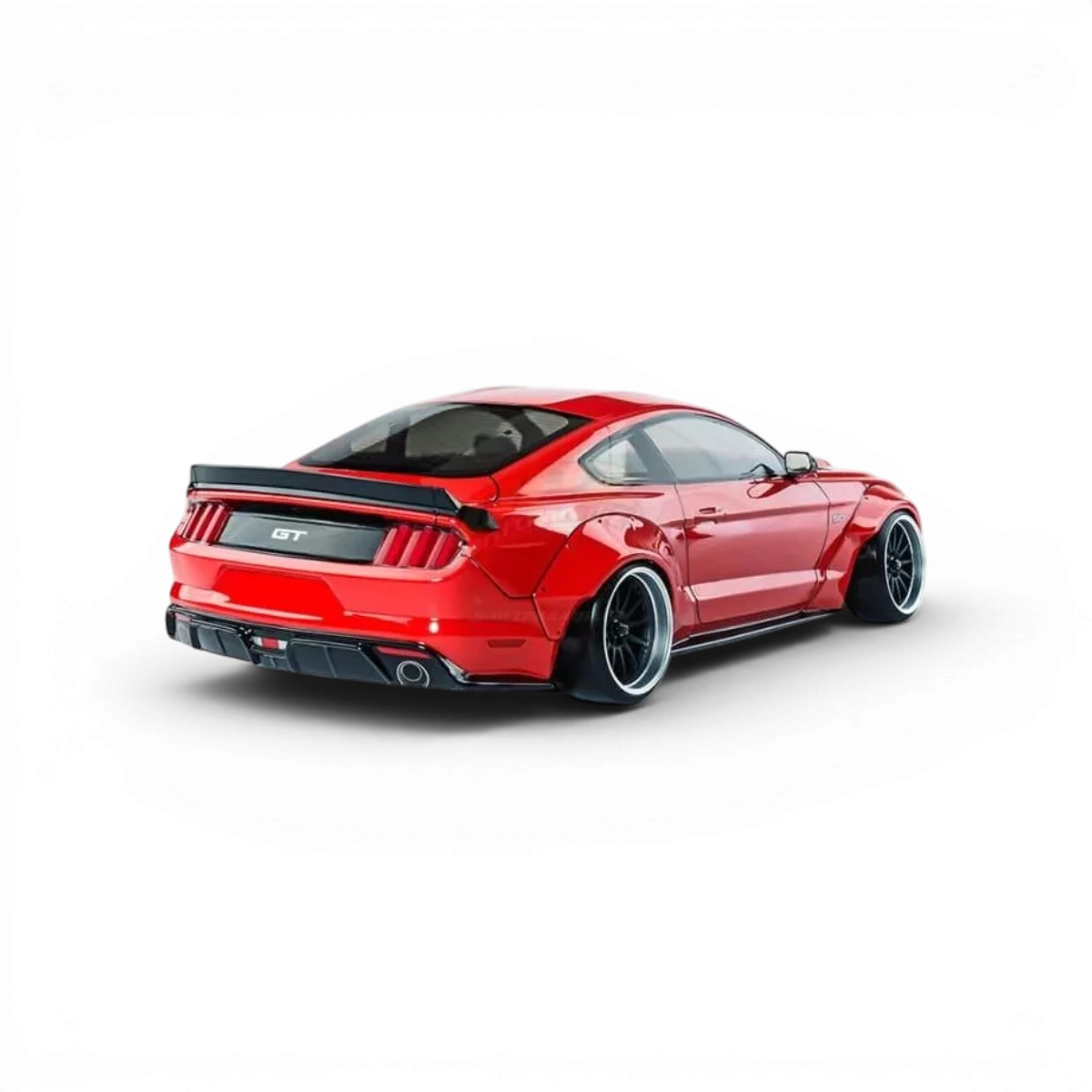 Voiture RC drift sans balais Max Speed Technology Ford Mustang rouge, modèle RTR LBMT, vue de côté avec détails colorés.
