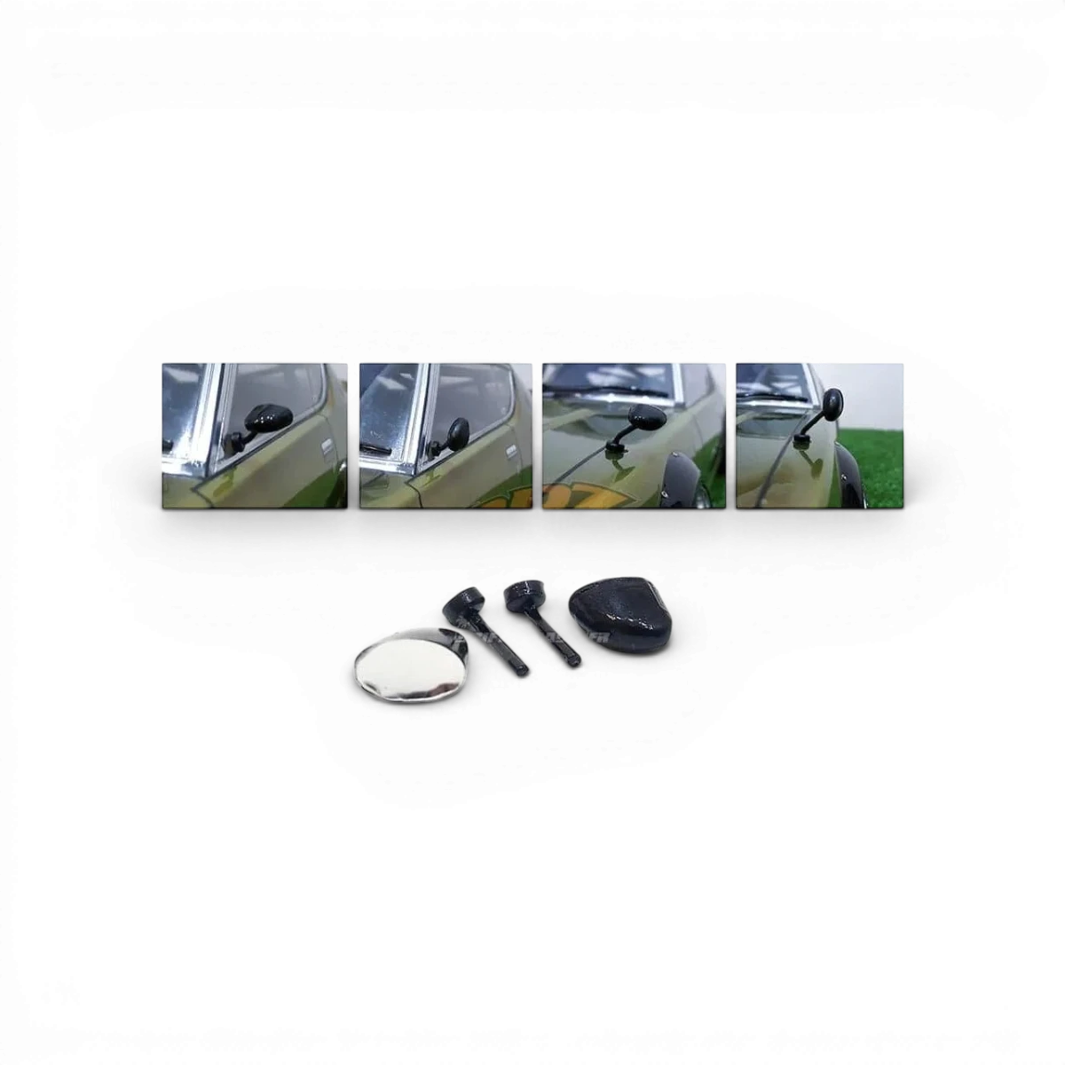 Rétroviseurs 4-en-1 pour personnalisation, marque Src Sideways RC, montrant les rétroviseurs noirs et leur montage sur véhicule RC.