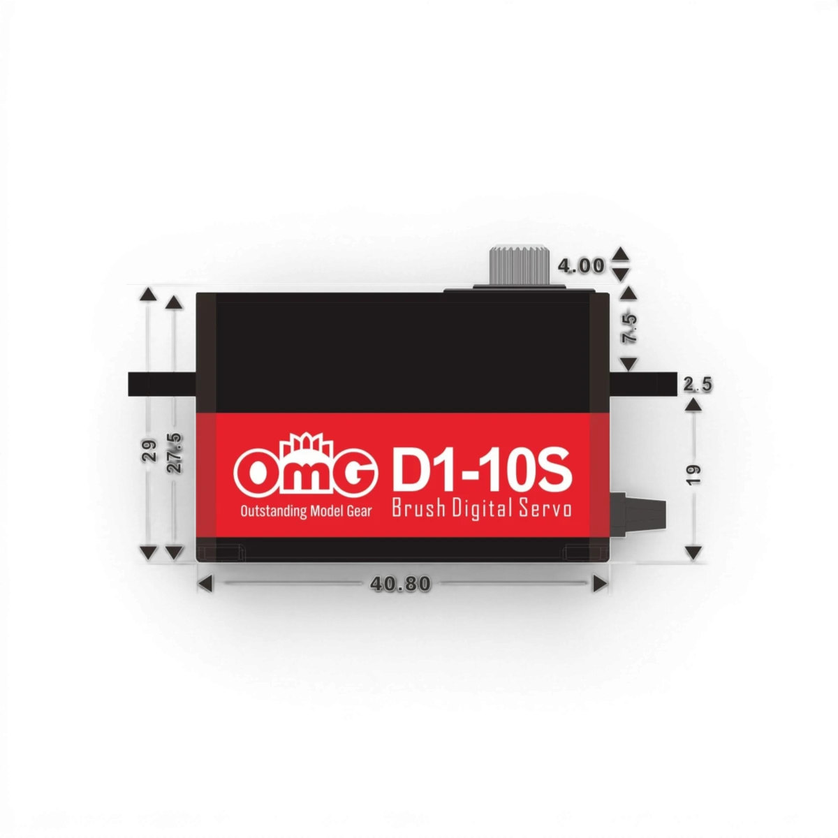 Servo électronique D1-10S de la marque OMG, montrant le servo motor avec son corps en plastique noir et ses câbles connectés.