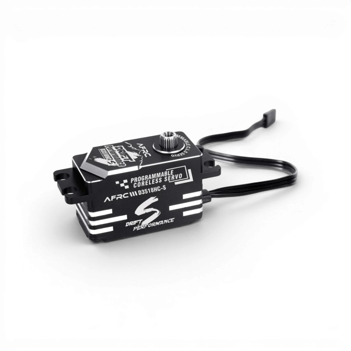 Servo D3518HC-S sans noyau programmable de la marque AFRC, vue de côté avec câble et connecteur visibles.