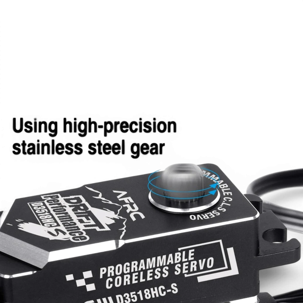 Servo D3518HC-S sans noyau programmable de la marque AFRC, composant électronique avec moteur électrique visible.