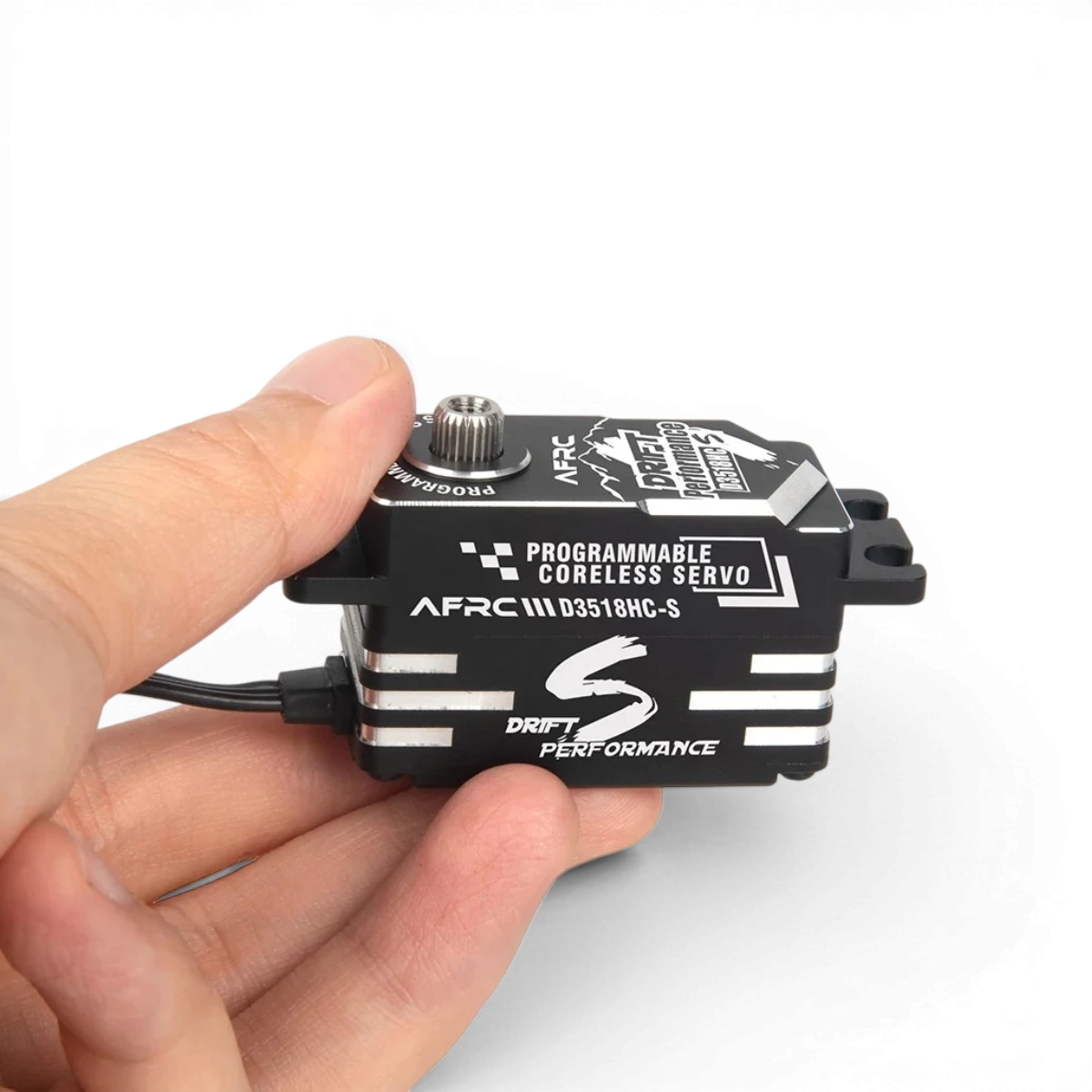 Servo D3518HC-S sans noyau programmable de la marque AFRC, vue de face, avec câbles et composants électroniques visibles.