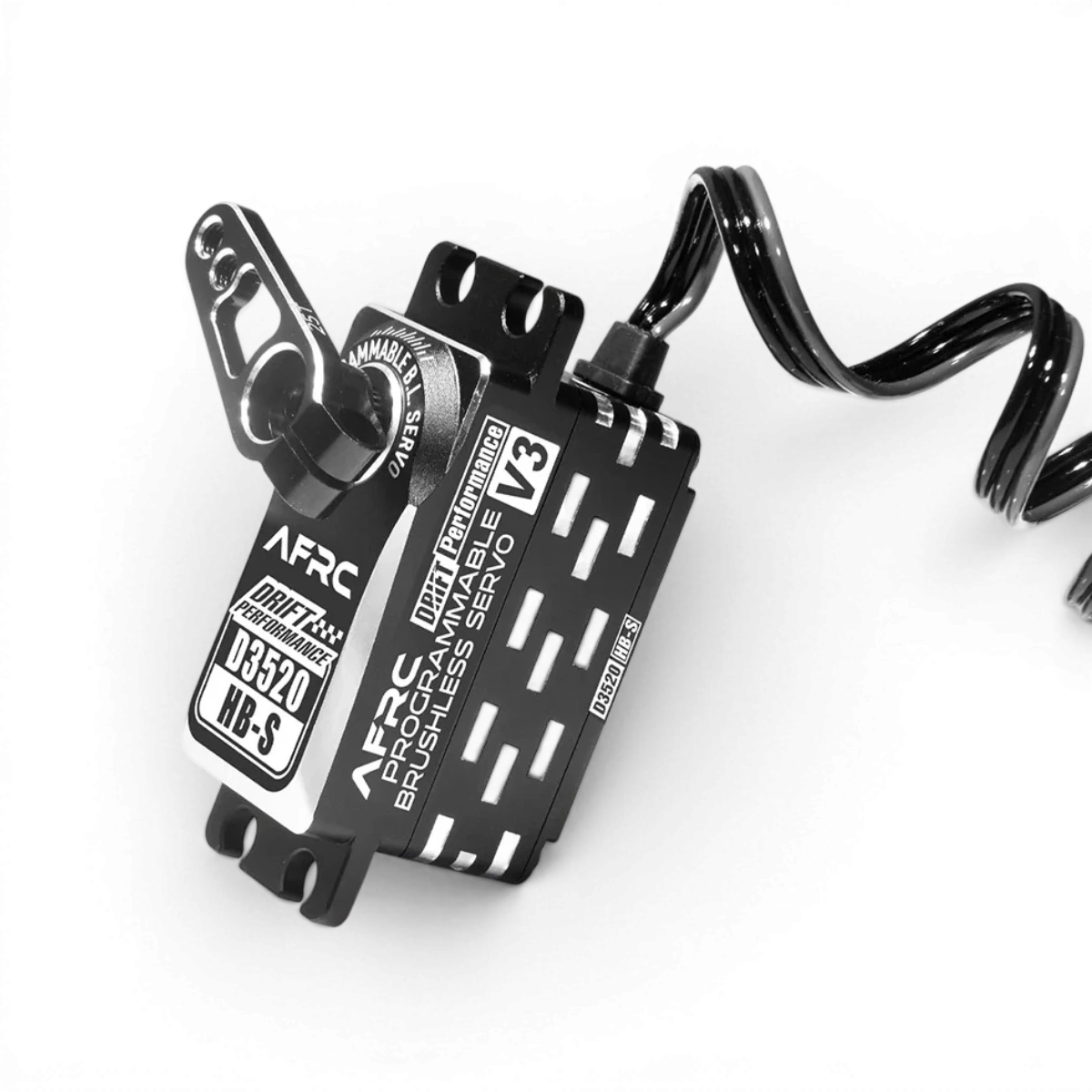 Servo électronique brushless AFRC D3520HB-S V3 programmable, avec tête en métal et câble noir, pour modélisme ou robotique.