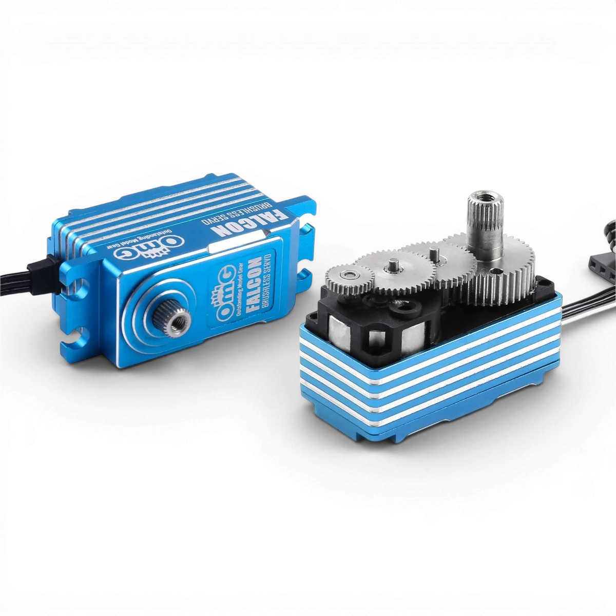 Servo D4 Falcon ombgd électronique, faible profil, numérique, brushless, pour modélisme RC, visible avec connecteurs et moteur intégré.