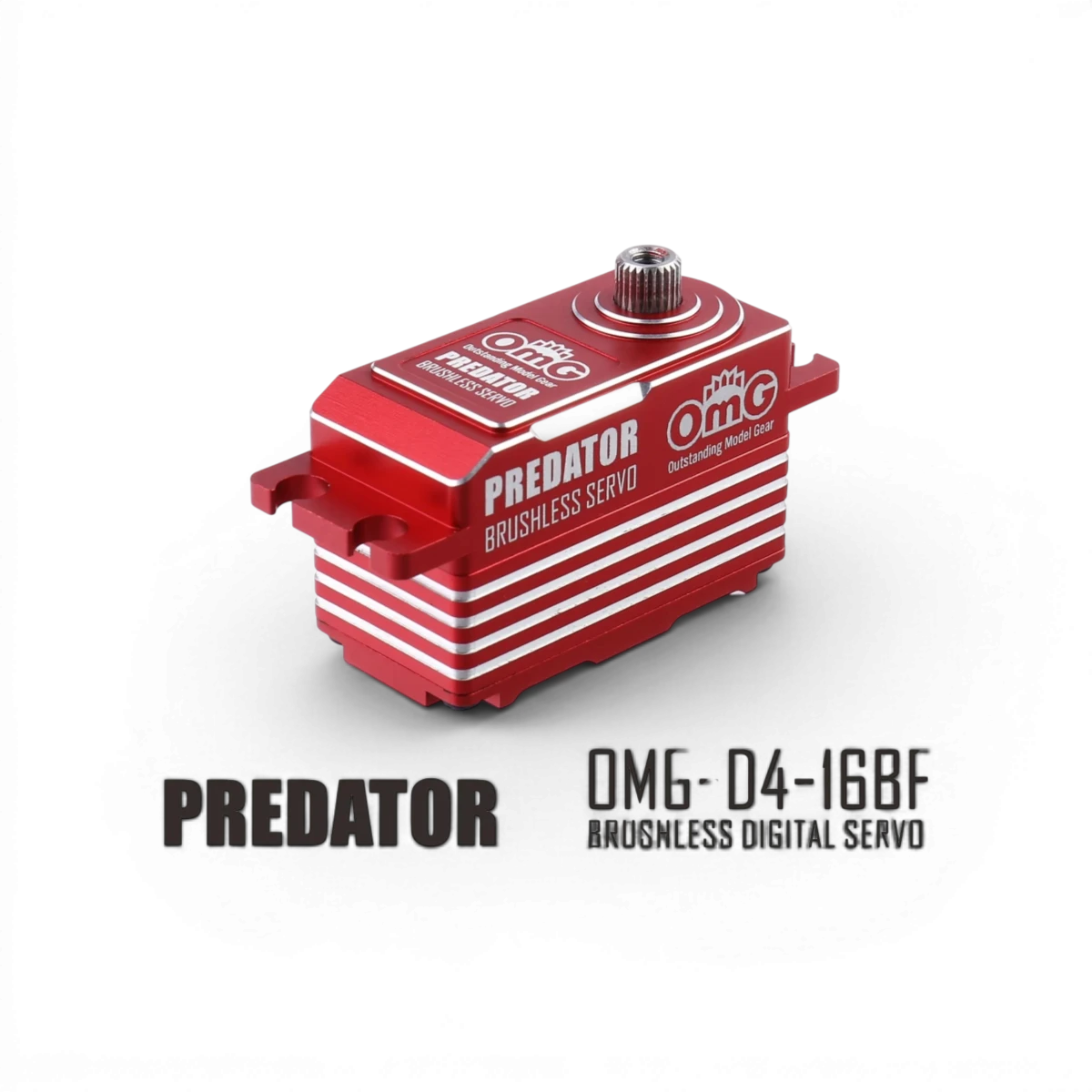 Servo D4 Predator à profil bas, électronique brushless digital de la marque OMG, visible avec connecteurs et moteur compact.