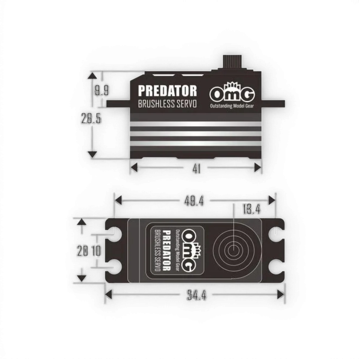 Servo D4 Predator à profil bas, numérique, brushless, de la marque OMG, visible avec ses composants électroniques.