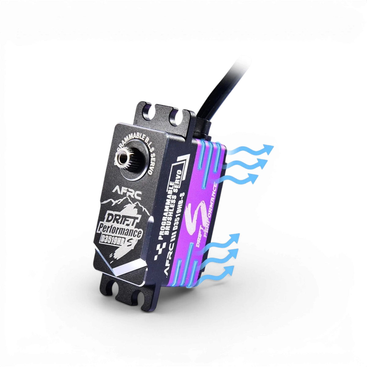 Servo HV brushless programmable AFRC D3519HB-S, composant électronique pour modélisme, avec connecteurs visibles et design compact.