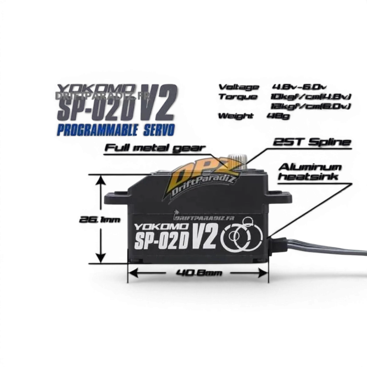 Servo programmable SP-02DV2 spécial RWD de Team Yokomo, électronique pour voiture RC, vue du servo avec connecteurs.