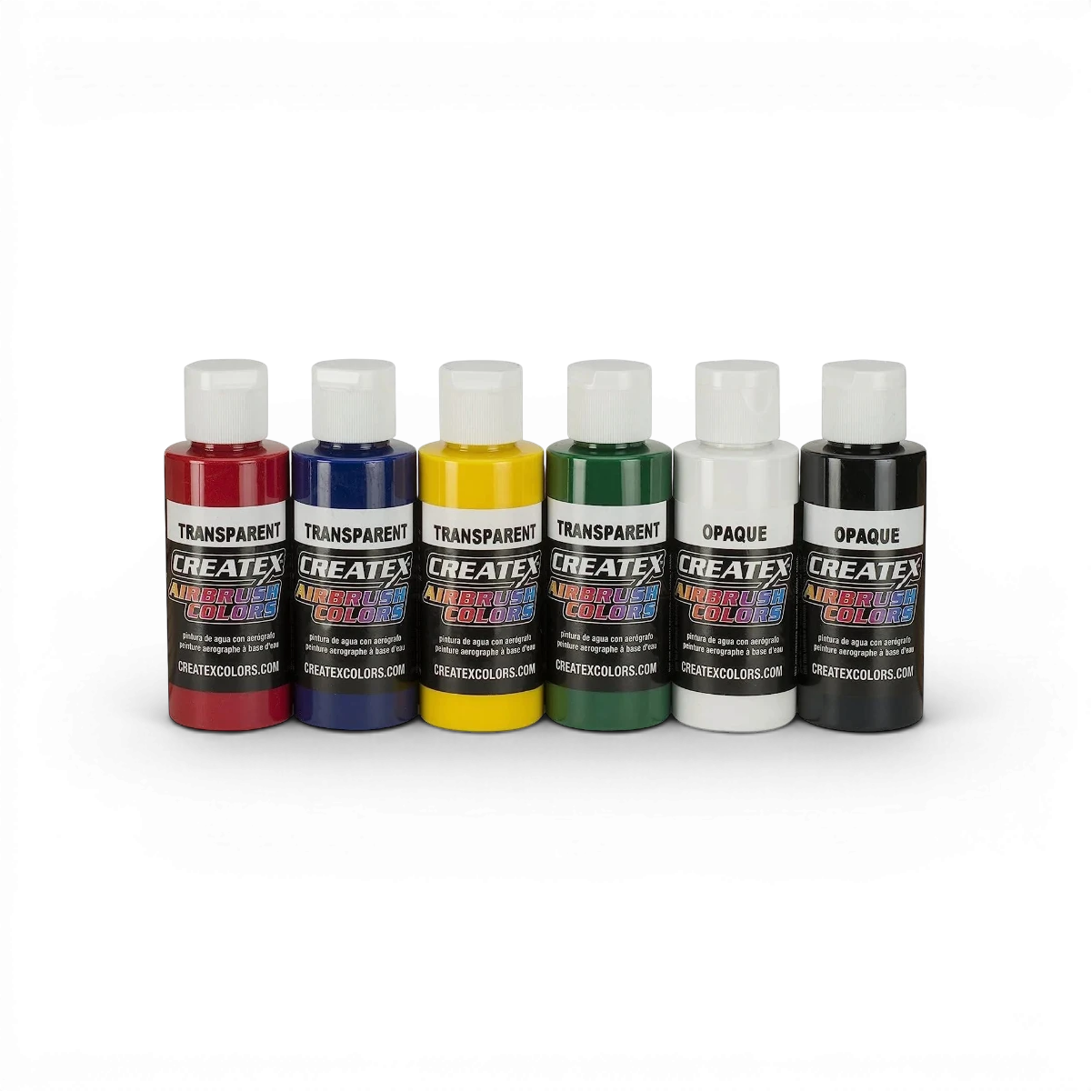 Ensemble de 6 flacons de 60 ml de peintures Createx Colors classiques transparentes et opaques.