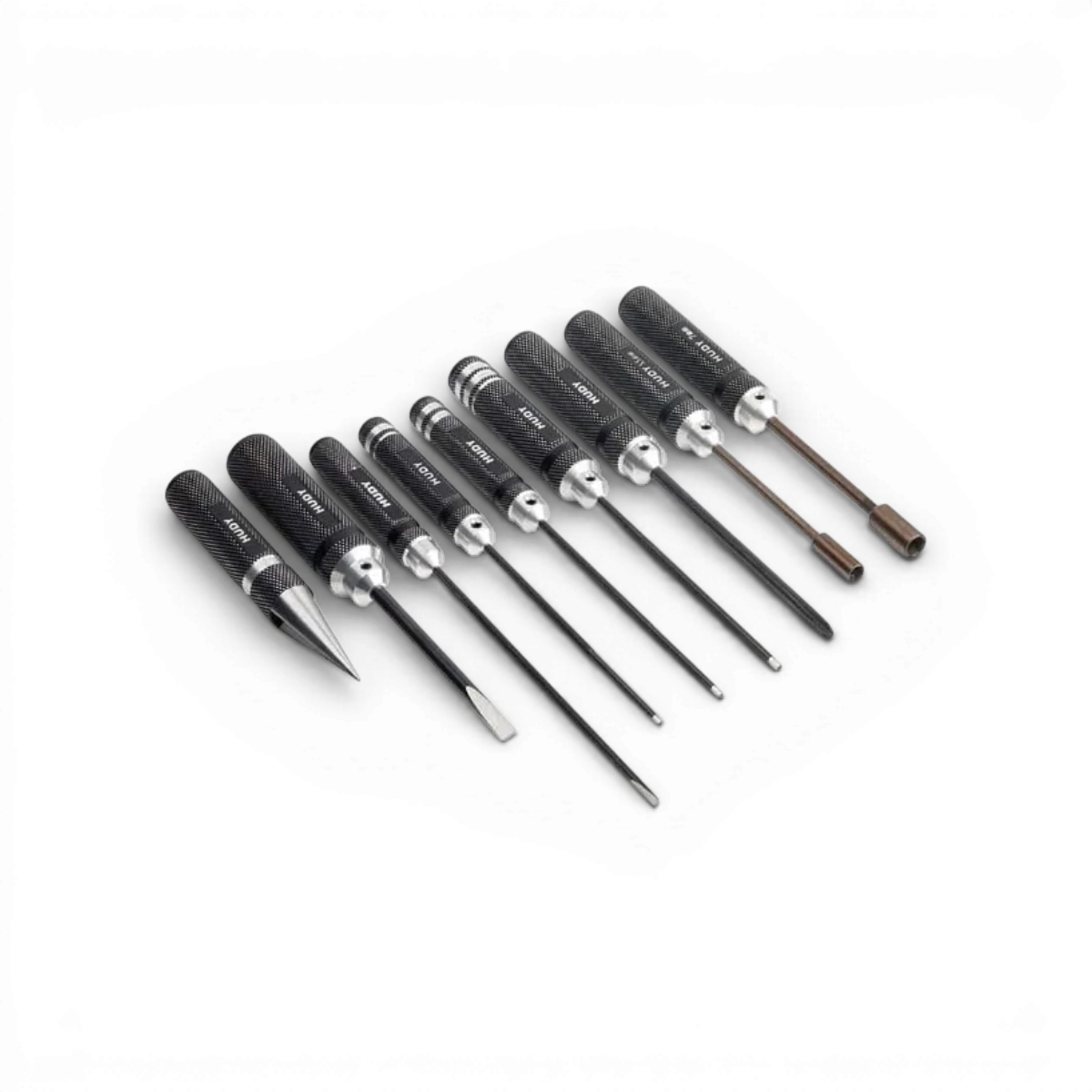 Ensemble d'outils de base Hudy avec 9 accessoires pour le bricolage et la réparation, disposés sur un fond neutre.