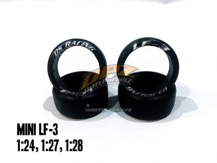 Ensemble de 4 pneus MiniZ LF-3, 8,5/11mm, pour roues, marque DS Racing, visibles avec détails de la bande de roulement.