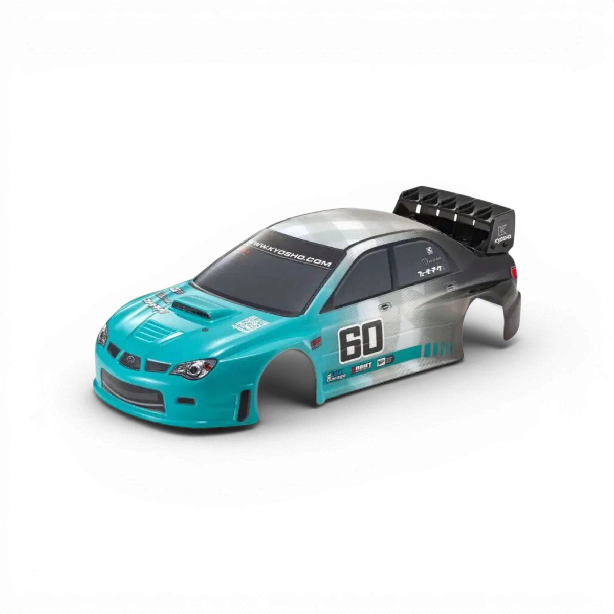Carrosserie de voiture Subaru Impreza WRC 2006 peinte de la marque Kyosho, détails précis et finition réaliste visible.