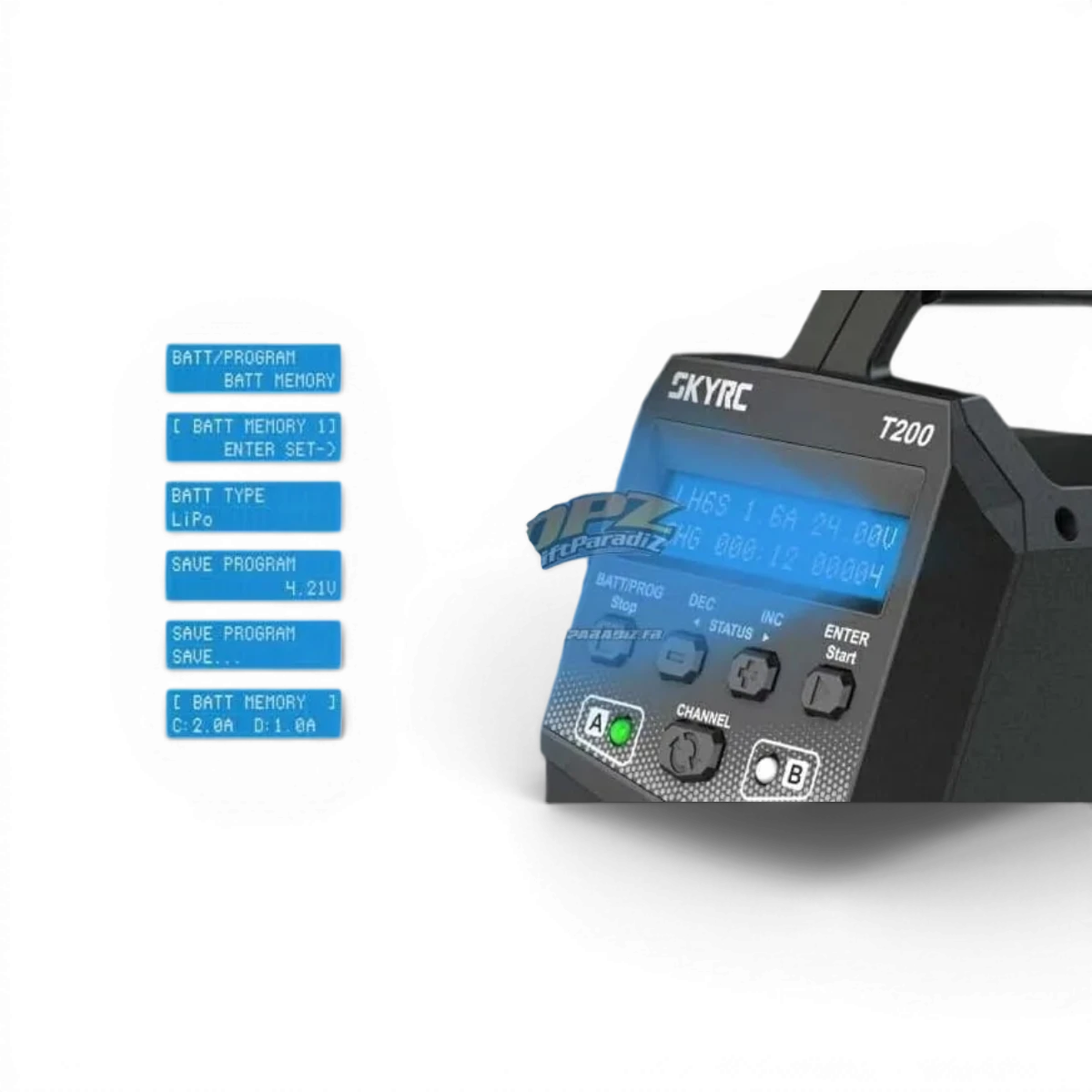 Chargeur T200 Duo AC/DC SkyRc, électronique, 2x100W, affichage numérique, connecteurs pour batteries RC.