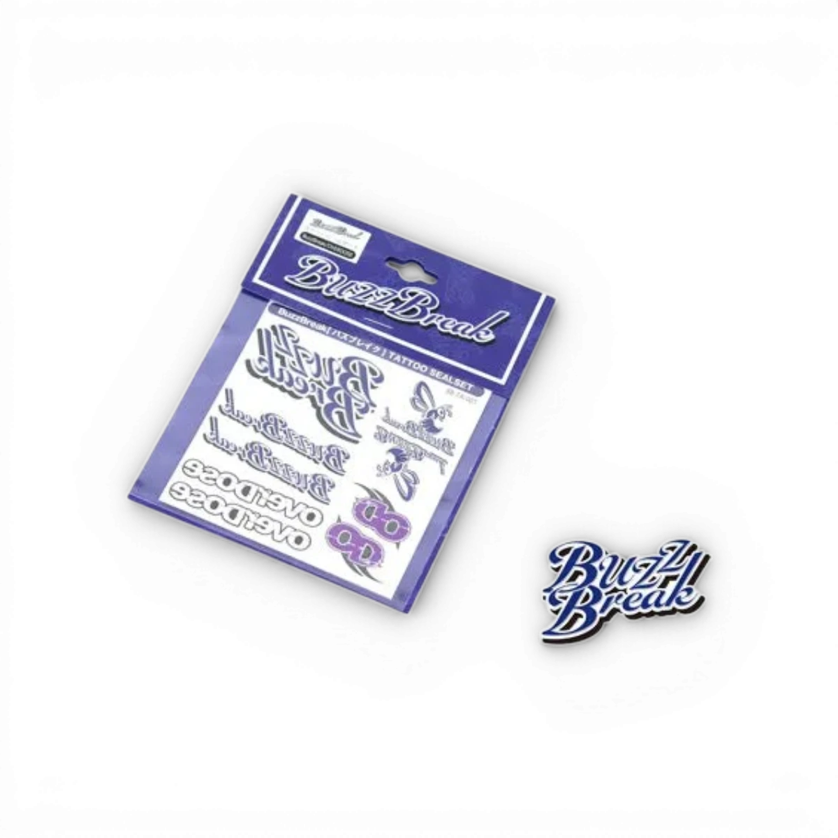 Tatouages temporaires BuzzBreak, accessoires tendance avec motifs colorés et modernes, à appliquer sur la peau.