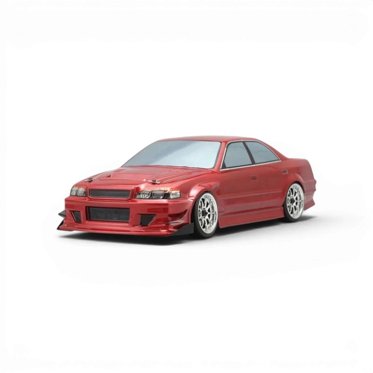 Voiture Toyota Chaser JZX100 Street de Team Yokomo, carrosserie détaillée, en couleur blanche avec logo de la marque visible.