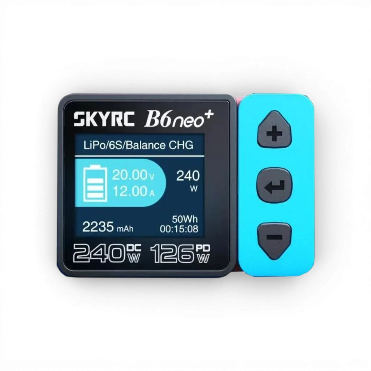 Chargeur USB-C B6+ NEO DC SkyRc, compact et puissant 240W, pour appareils électroniques, connecté à un câble USB-C visible.