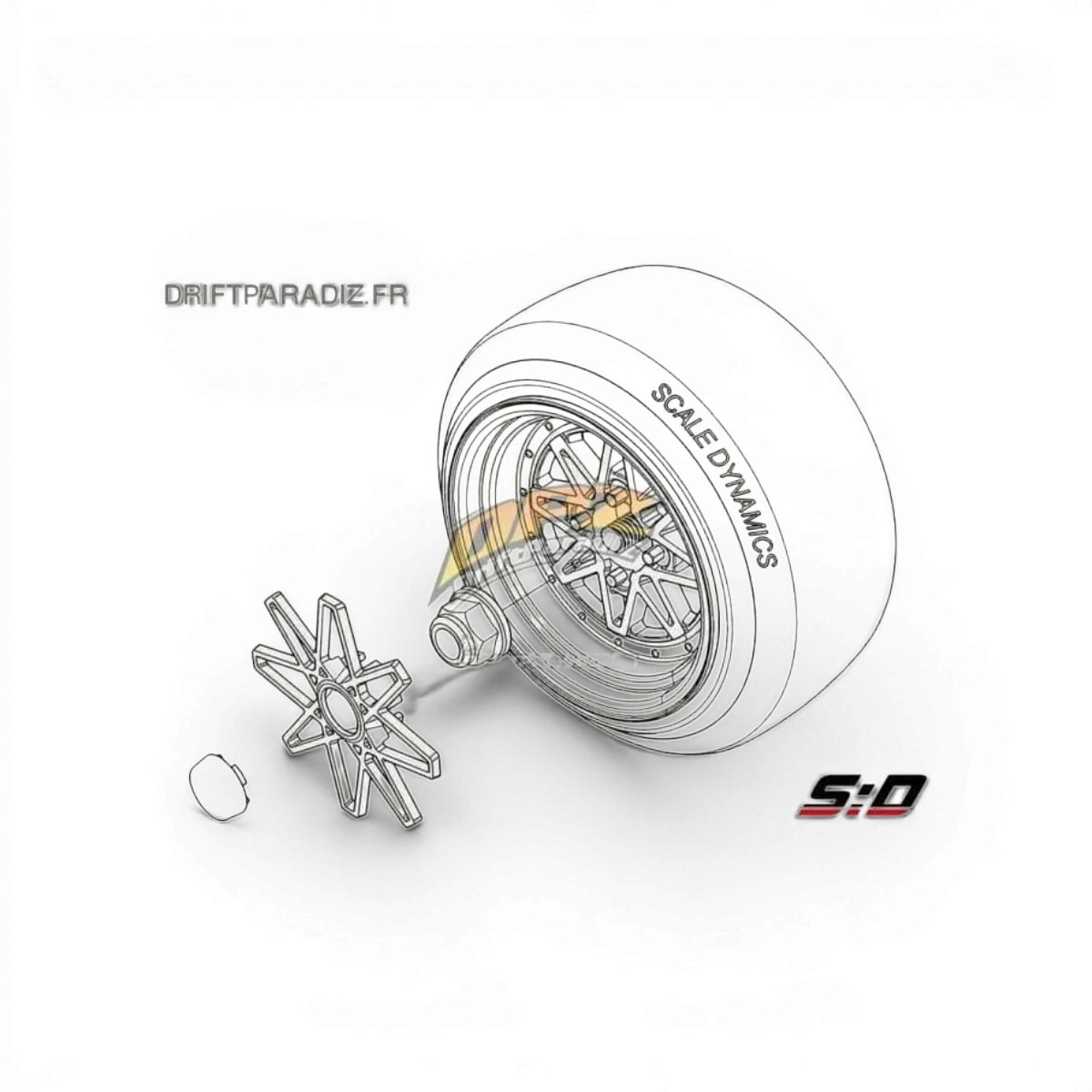 Roues chromées poli V16D Work Equip 03 de Scale Dynamics avec offset de 9mm et épaisseur réelle de 5,5mm.