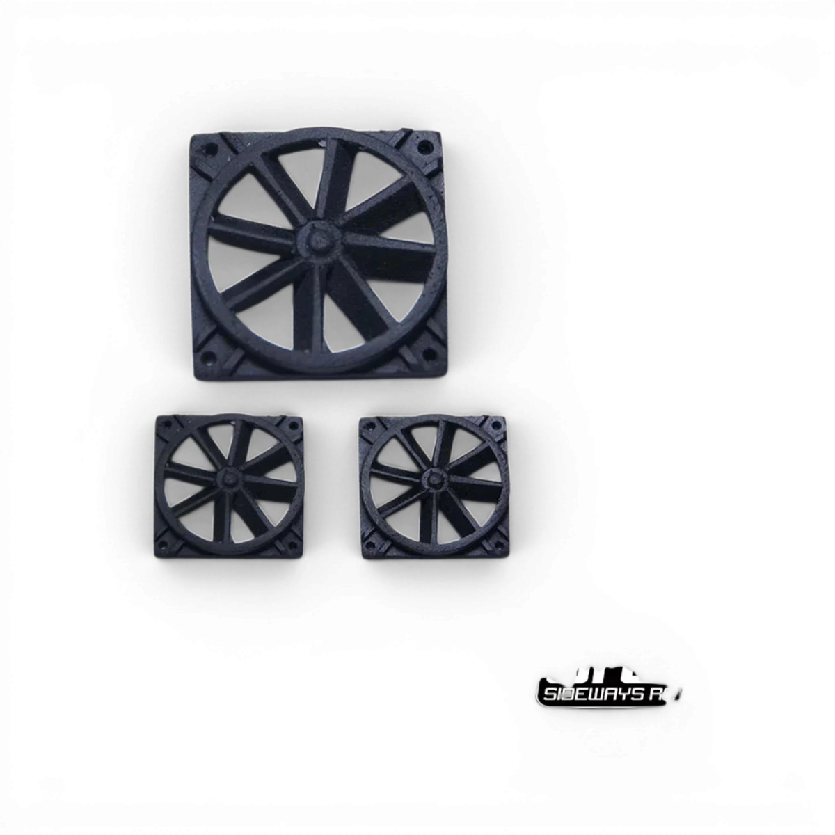 Ventilateur style 1 de la marque Src Sideways RC, conçu pour la customisation, avec des pales en plastique noir et un cadre compact.