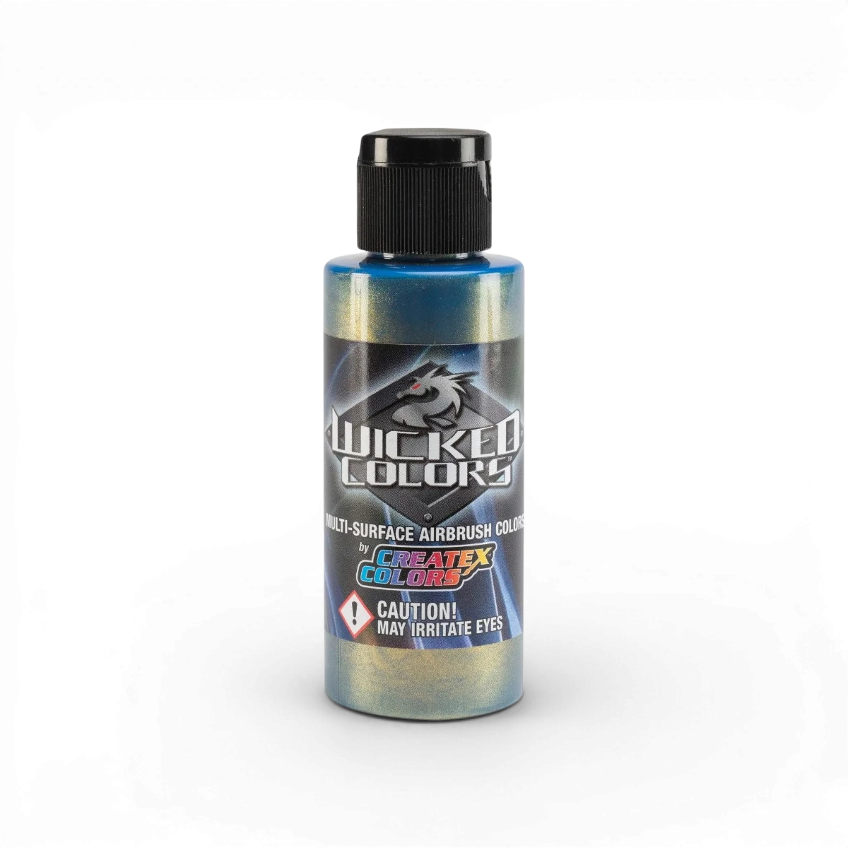 Peinture en spray Createx Colors W353 Wicked Vert Fastback métallique, finition brillante et colorée sur fond blanc.