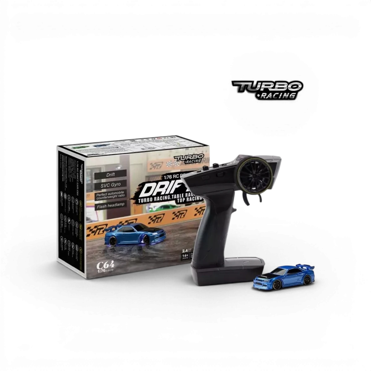 Mini voiture de drift Funtek 1/76ème en bleu, détail précis, design compact et stylé pour collection ou jeu.