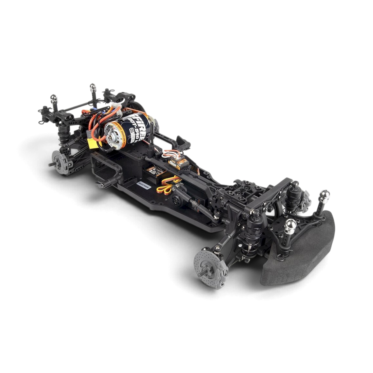Voiture RC drift Ford Mustang RTR Spec-5 FD Ben Hobson de marque HPI, vue de côté avec détails de la carrosserie et pneus.
