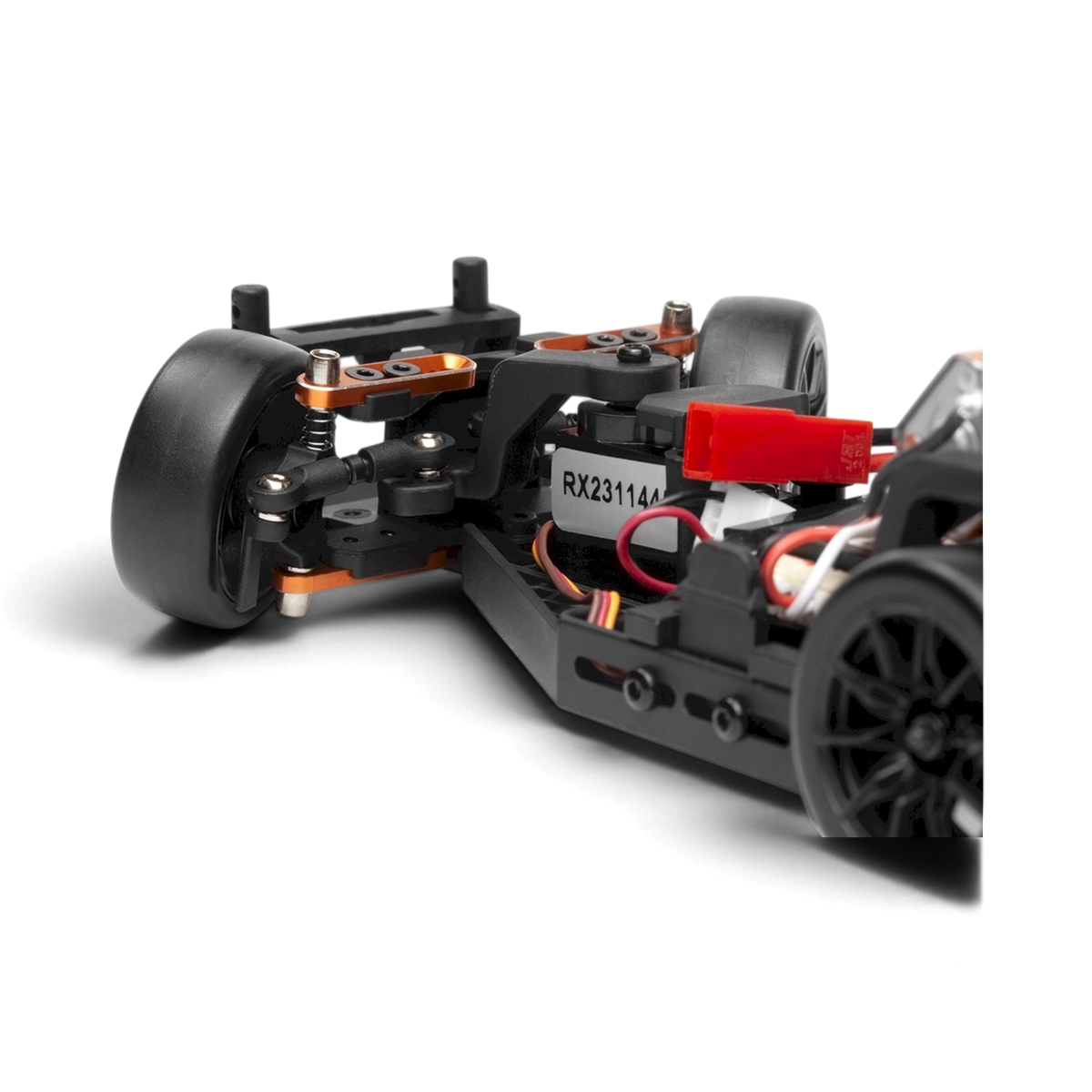 Voiture RC drift HPI Toyota GR Supra 2024 Rouge RTR, modèle de course pour dérapages contrôlés, vue de face sur fond neutre.