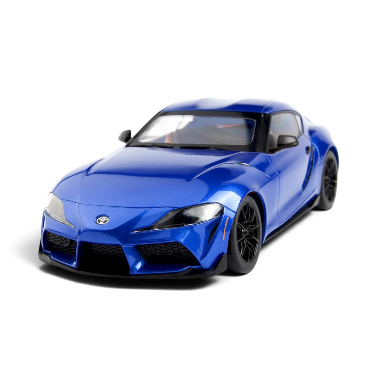 Voiture RC drift HPI Toyota GR Supra 2024 Metallic Dawn Blue, modèle RTR, vue de côté avec détails de la carrosserie.