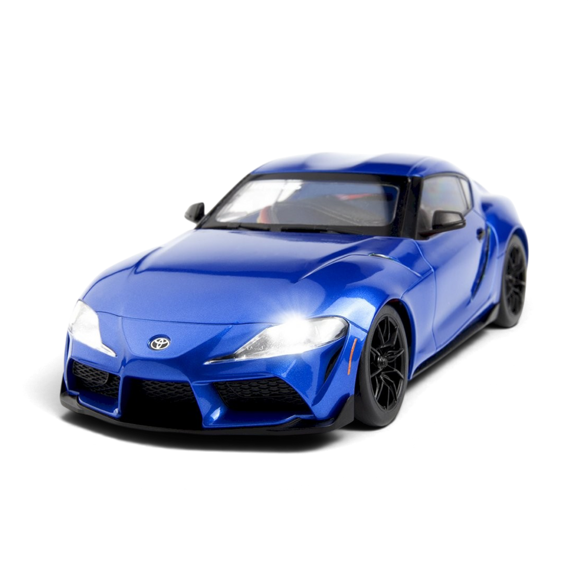 Voiture RC drift HPI Toyota GR Supra 2024 Metallic Dawn Blue, modèle réduit RTR, vue de côté avec détails de la carrosserie.