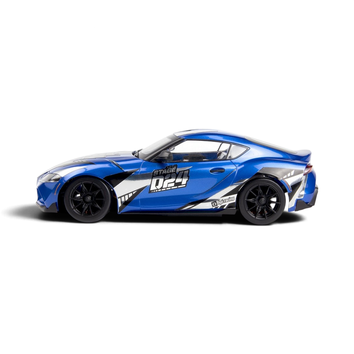 Voiture RC drift HPI Toyota GR Supra 2024 Metallic Dawn Blue, modèle réduit RTR, vue de côté avec détails métalliques.