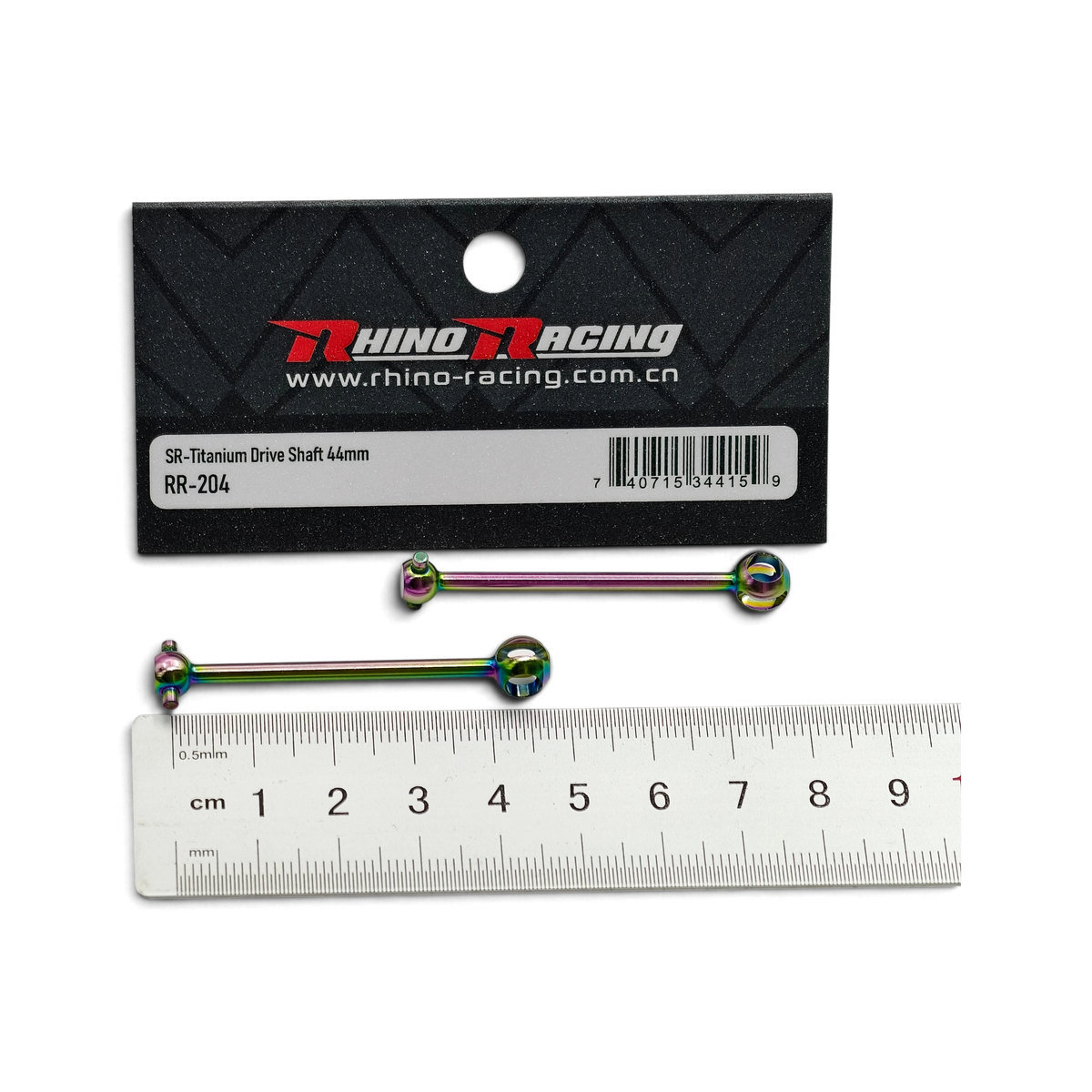 Cardans SR en titane CVD de 42, 44 ou 46 mm de RhinoRacing, montrant la surface polie et les dimensions précises.