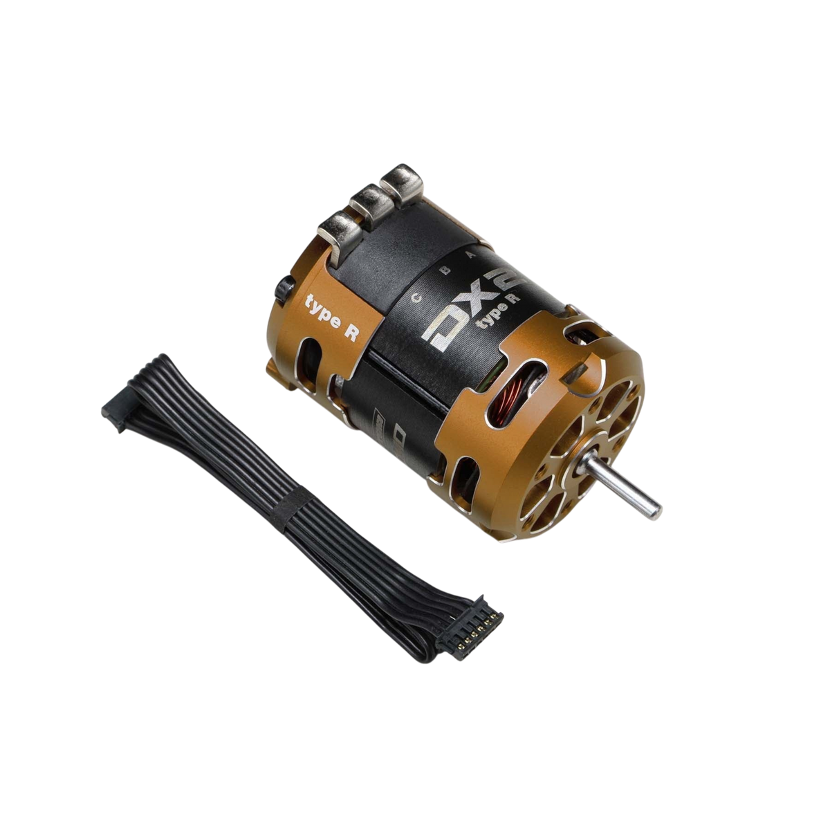 Moteur brushless 13.5T Racing Performer DX2 Type-R de Team Yokomo, vue de face avec ventilateur et connecteurs électriques