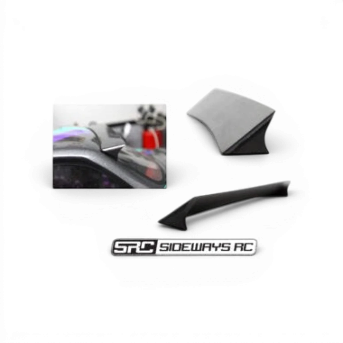 Aileron de toit arrière pour BMW M3 E36, pièce de customisation SRC Sideways RC, en finition noire, sur une voiture de sport.