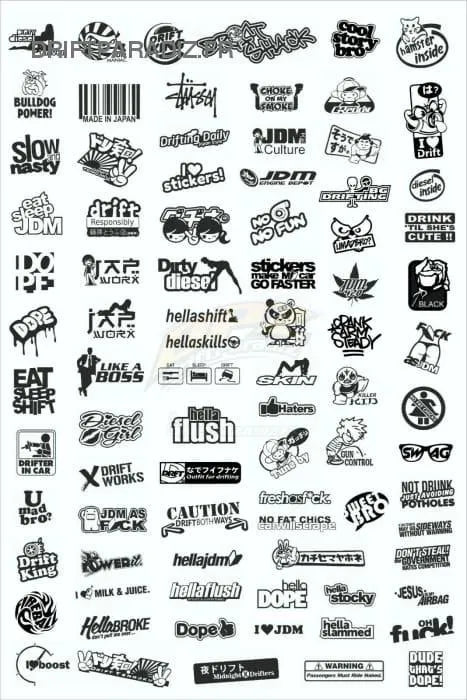 Sponzorské samolepky Black Drift Stickers, sada 11 černých samolepek pro drift auta a motorsport.