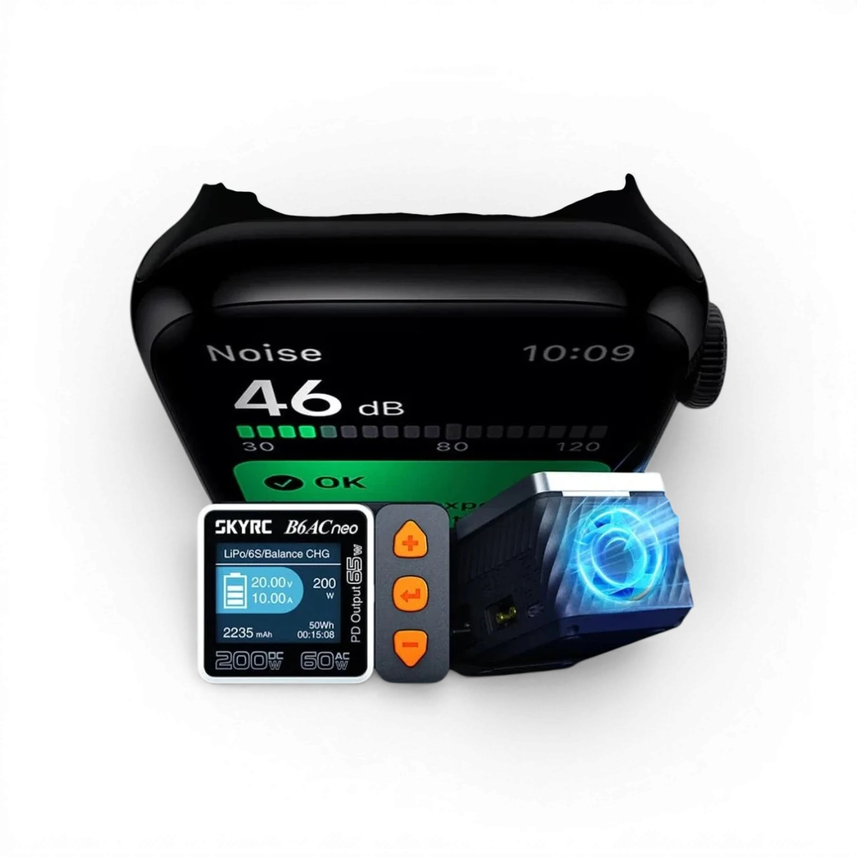 Chargeur ultra compact SkyRc B6AC neo AC 200W pour électronique, visible avec câbles et affichage sur le produit.